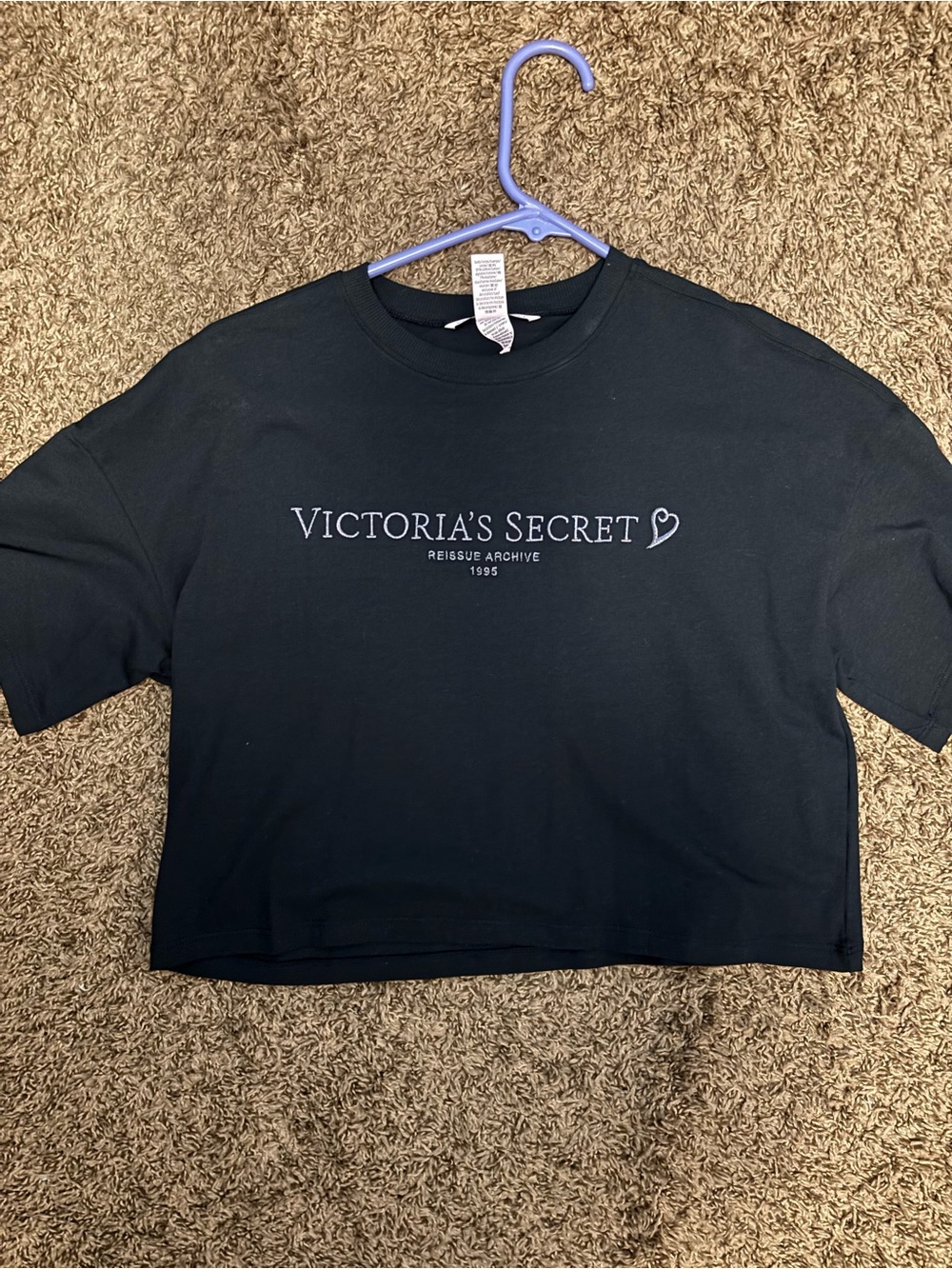 Victoria's Secret Black Logo Cropped Tee with Heart Detail